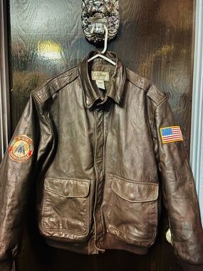 L.L. Bean Brown Leather Military Field Jacket with Patch Accents